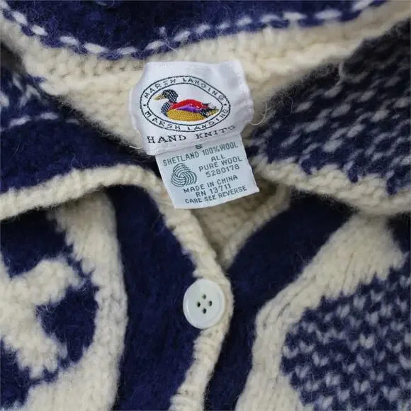 XS/S Yacht Rock Wool Cardigan Sweater Nautical Flags MarshLanding Shetland - Picture 4 of 12